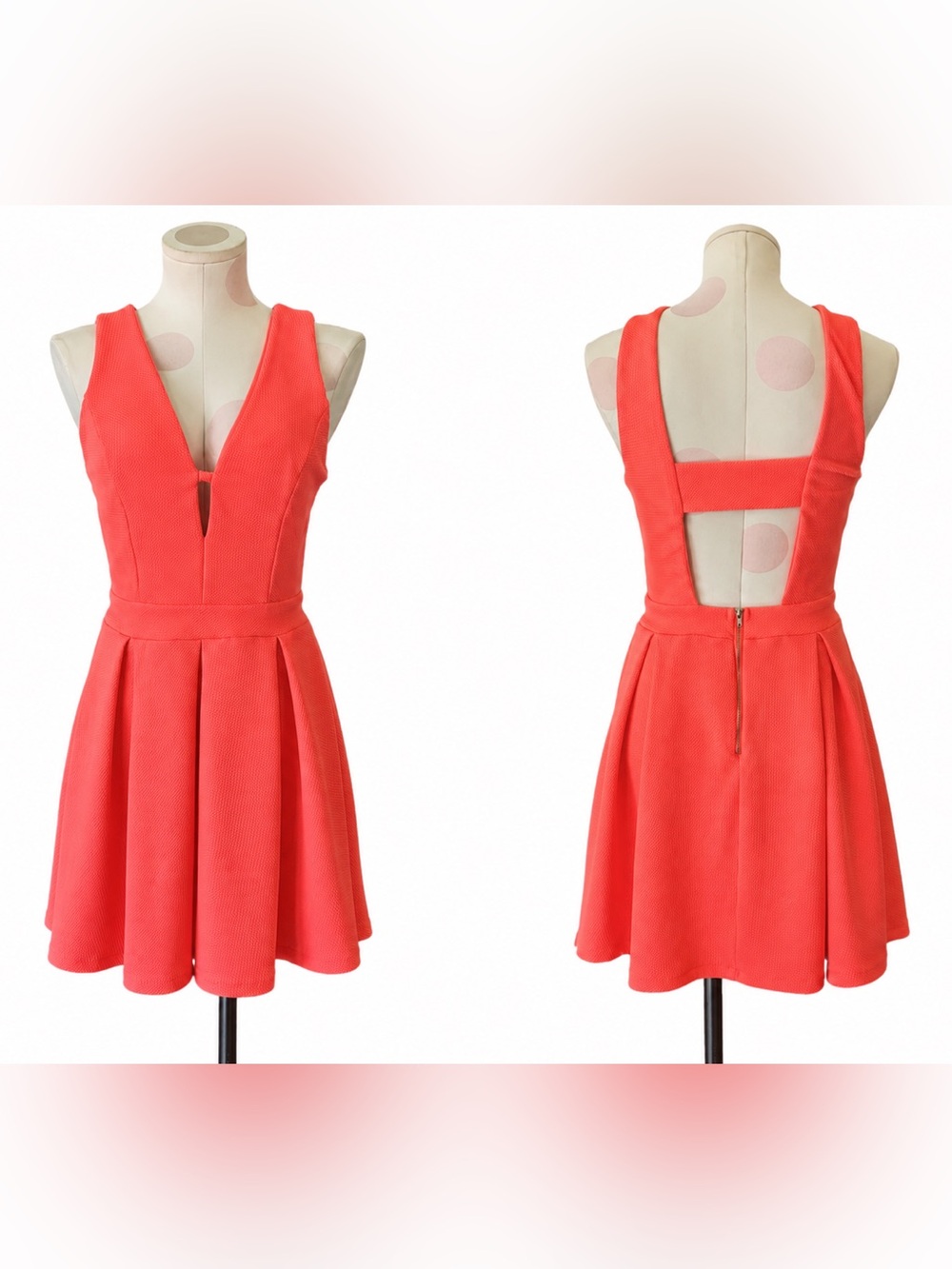 Cutout Bright Coral Textured Fit & Flare Skater Dress - open back- med
